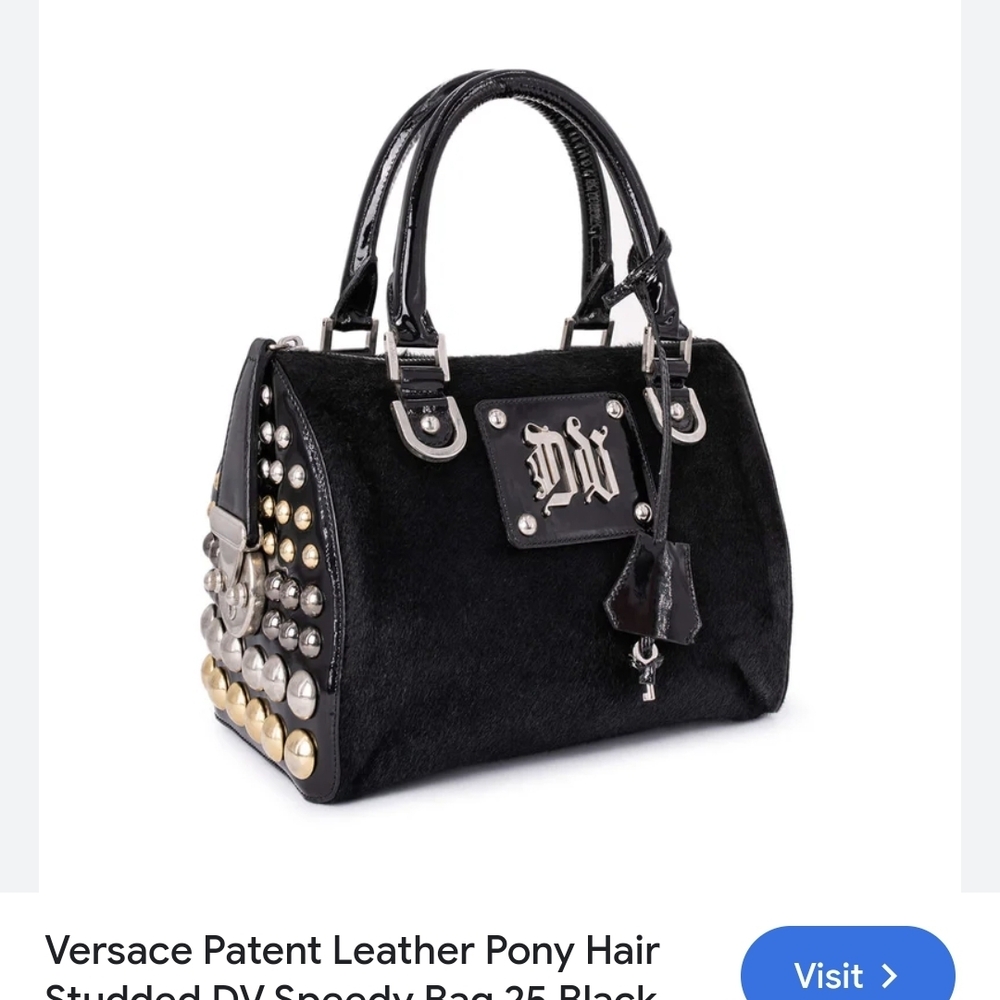 Authentic Versace Black Patent Leather Pony Hair Studded DV Speedy BAG 25